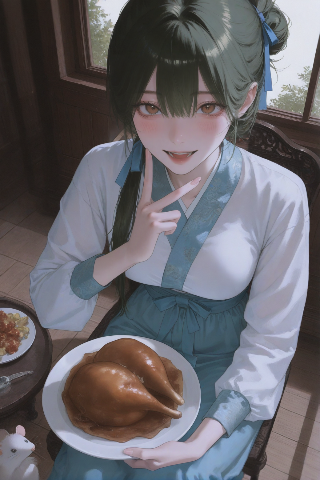 「小少爷，我带了烧鸡回来！」