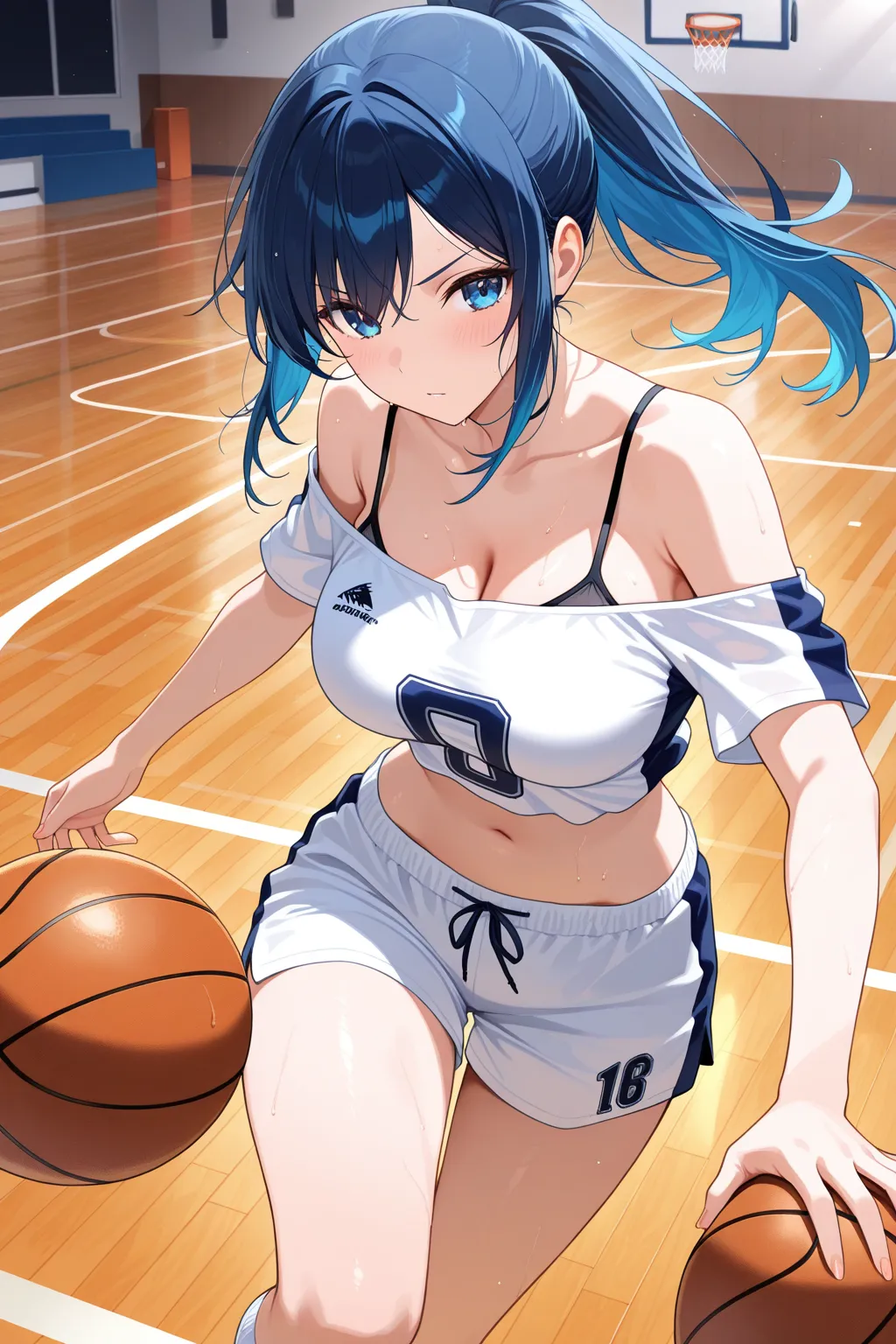 大学里穿着吊带低肩露胸装打篮球的女同学