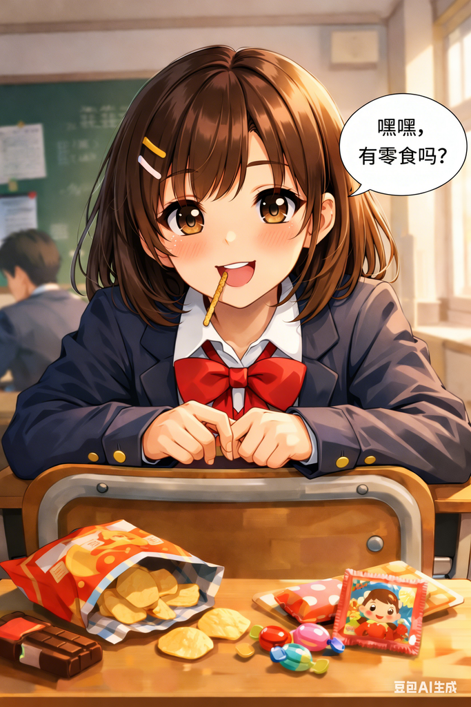 坐在前桌总是回头向你要零食吃的可爱女同学。