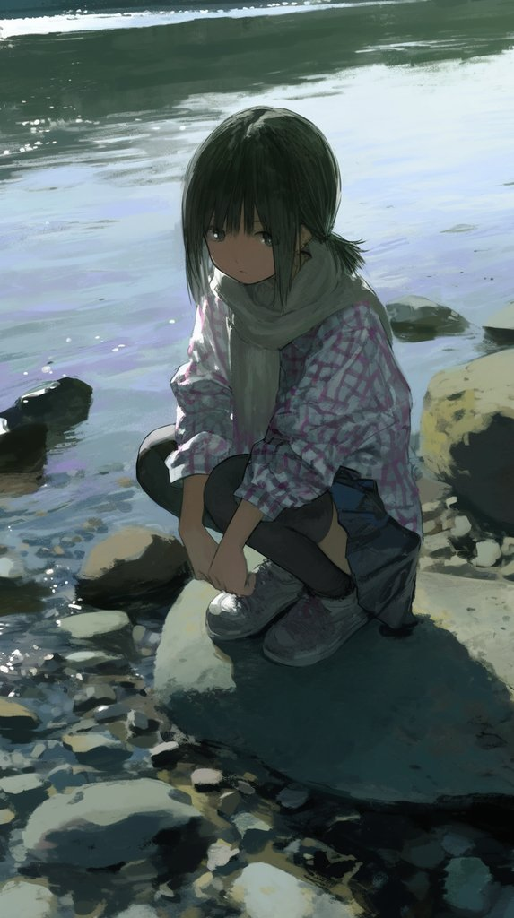 河边蹲着的少女